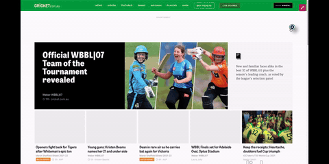 cricket.com.au homepage showing news, videos, and featured cricket stories