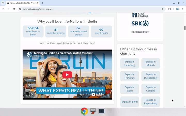 InterNations Berlin page showing members, monthly events, interest-based groups, and other communities in Germany