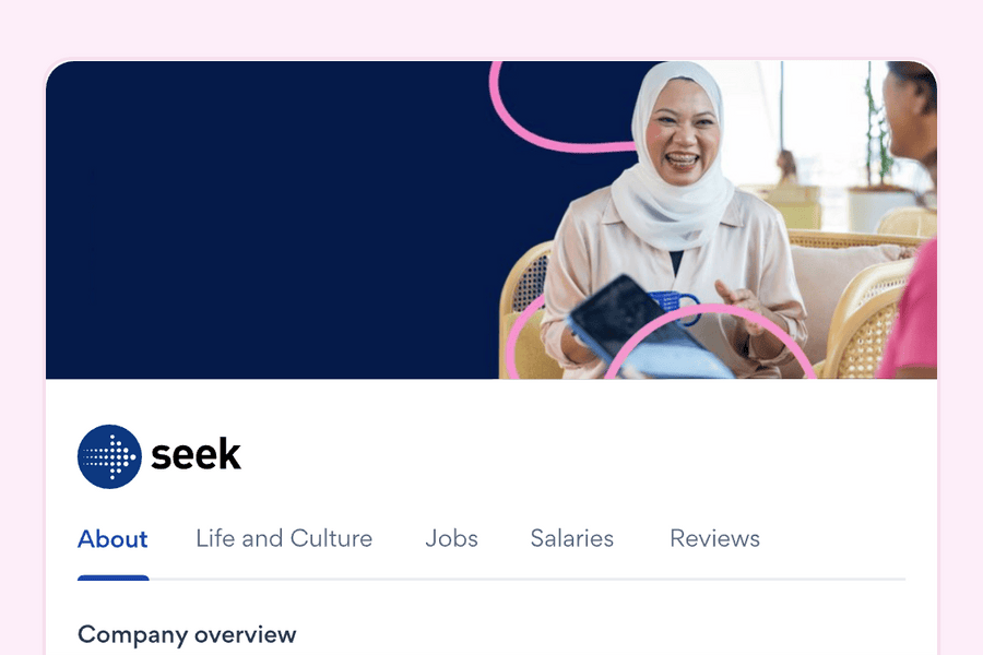 SEEK company profiles product showing About, Life and Culture, Jobs, Salaries, and Reviews